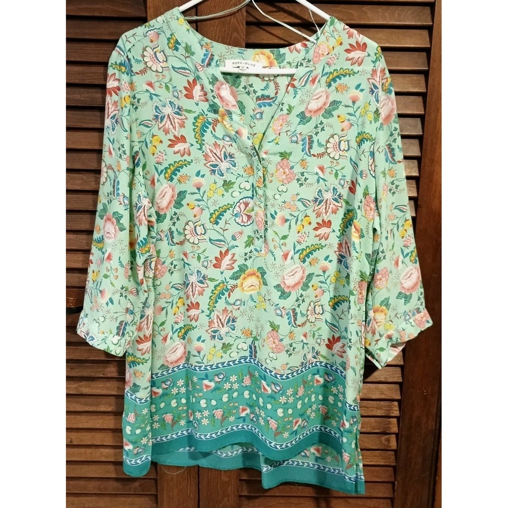 Rose & Olive Womens Blouse 1X Green Floral 3/4 Sleeve Top Fairy Cottagecore Boho